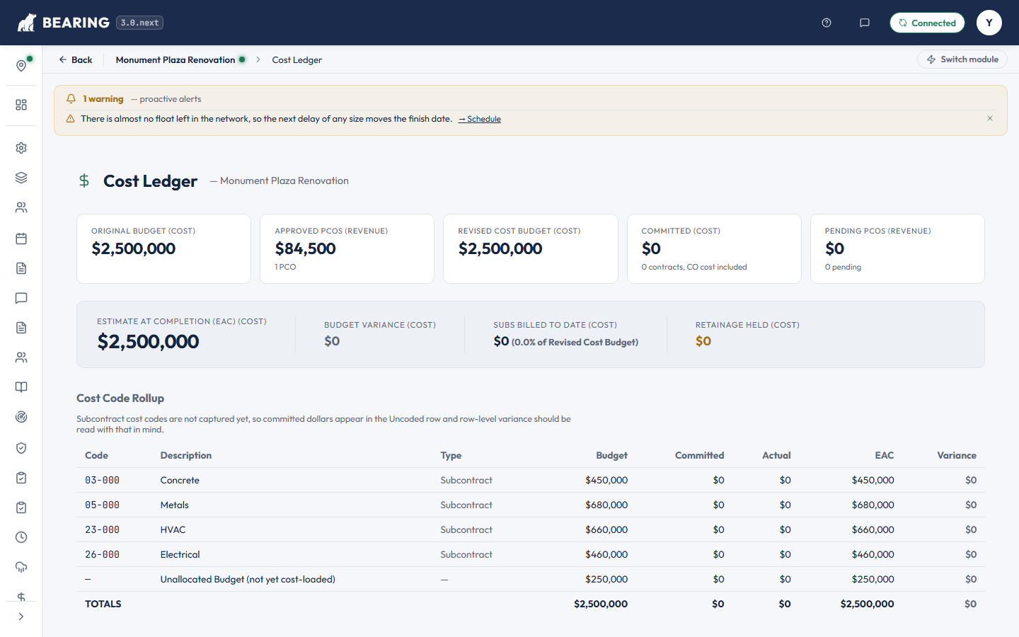 Cost ledger — budget, committed, paid and estimate at completion in one view